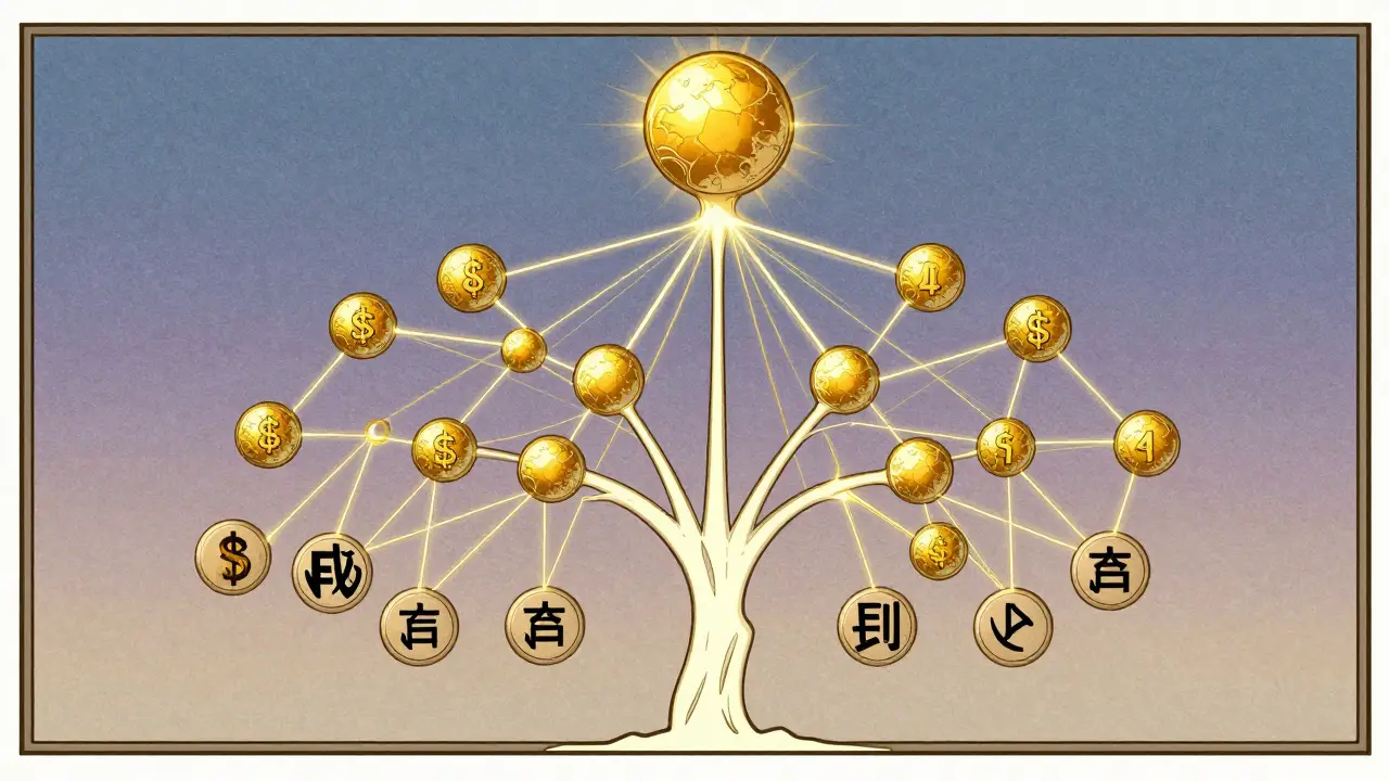 Árbol Merkle conectando cabecera y cuerpo en ilustración decorativa Art Nouveau