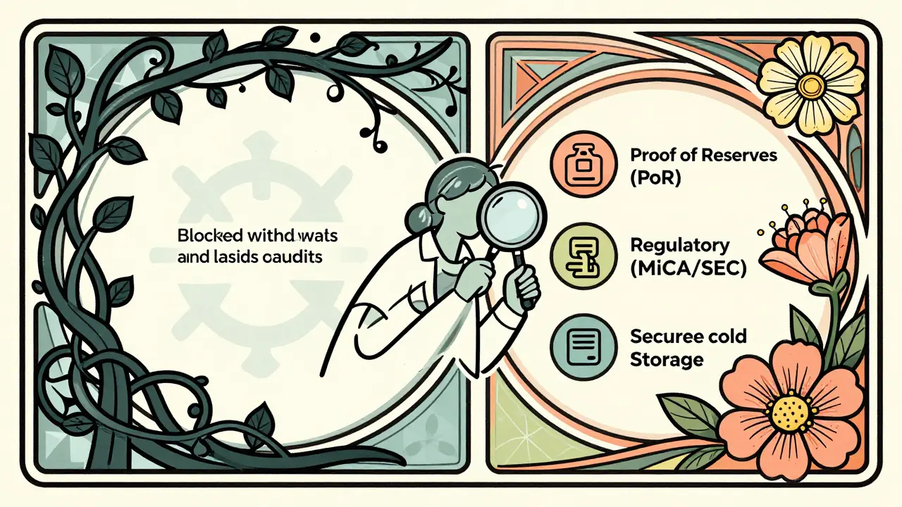 Arte vectorial Art Nouveau dividido: ennegrecidas enredaderas representan riesgos ocultos y bloqueos, mientras que patrones geométricos brillantes simbolizan reservas probadas y cumplimiento regulatorio seguro.