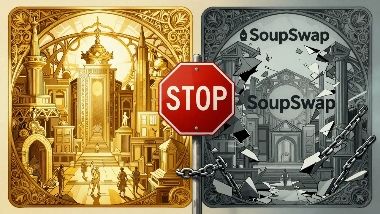 Contraste entre plataformas seguras brillantes y la estructura rota de SoupSwap