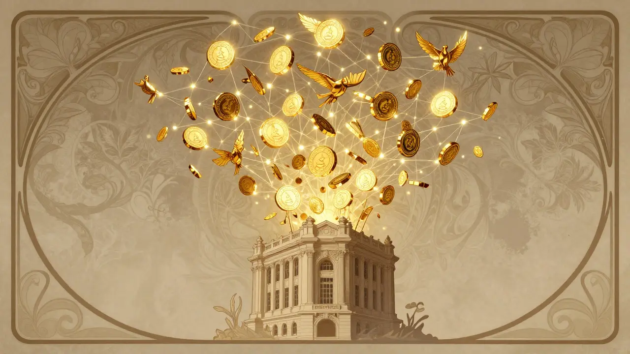 Edificio transformándose en tokens dorados flotantes