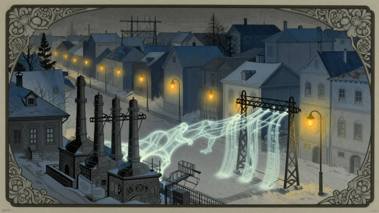 Escena Art Nouveau de apagón invernal y planta de carbón bajo estrés