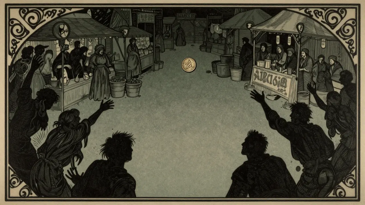 Escena oscura estilo Art Nouveau que muestra la escasa liquidez y riesgos del mercado