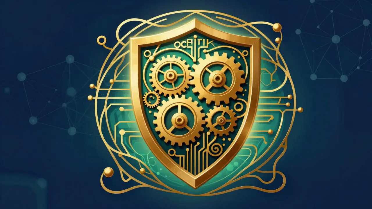 Escudo ornamental Art Nouveau simbolizando seguridad y auditoría en DeFi