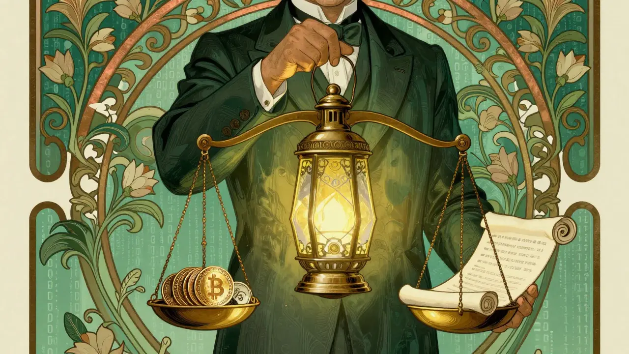 Estilo Art Nouveau: figura con linterna iluminando una balanza entre criptomonedas y documentos legales.