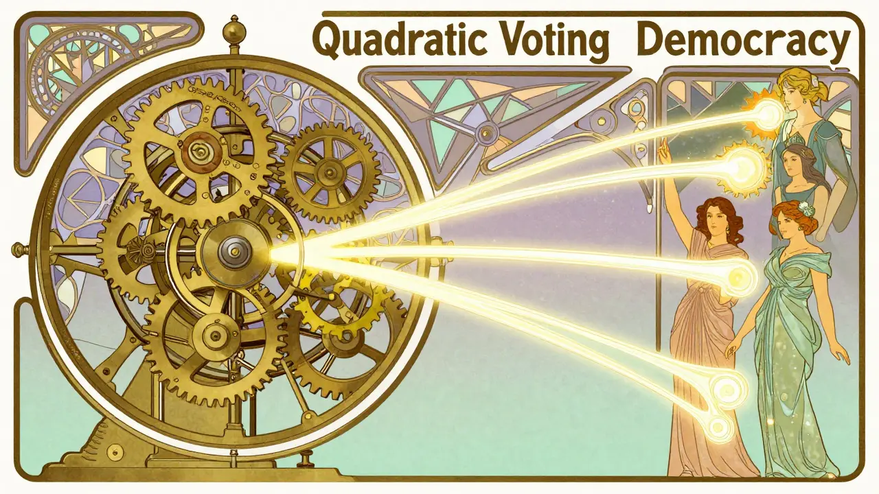 Estilo Art Nouveau visualizando el voto cuadrático y la democracia líquida con mecanismos ornamentales