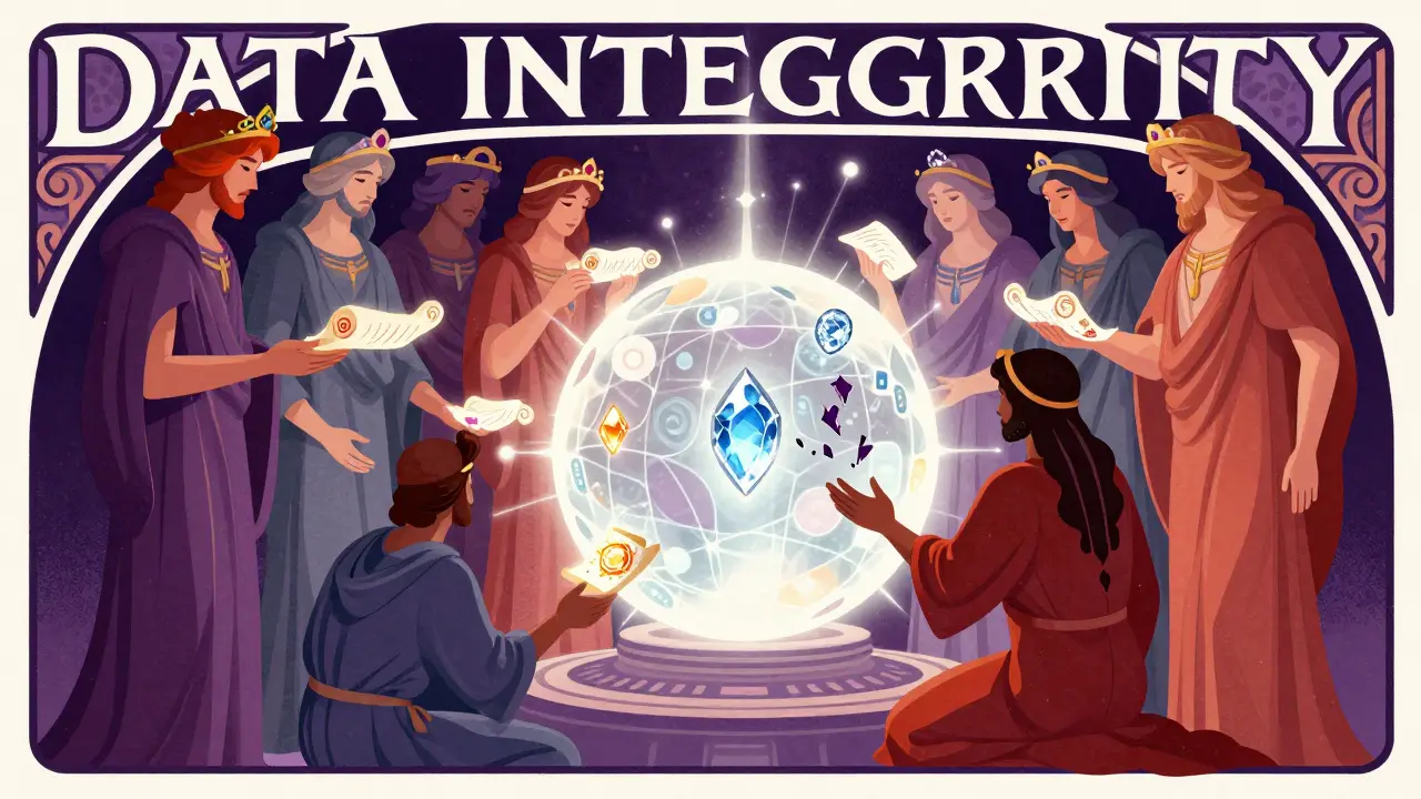 Figuras art nouveau validando datos en un nodo para proteger la integridad blockchain