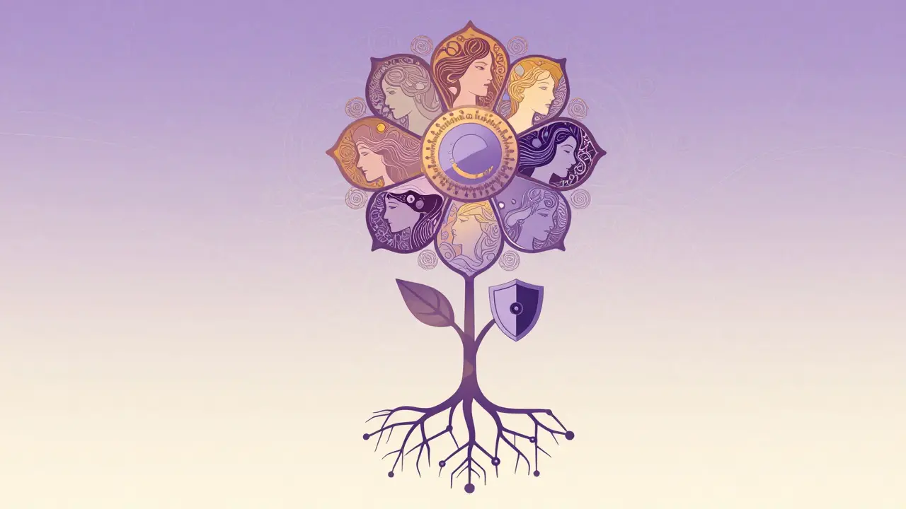 Flor estilizada Art Nouveau que simboliza la identidad descentralizada y la seguridad en blockchain