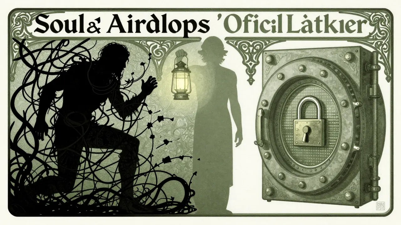 Ilustración Art Nouveau que contrasta estafas digitales oscuras con un cofre seguro y legítimo.