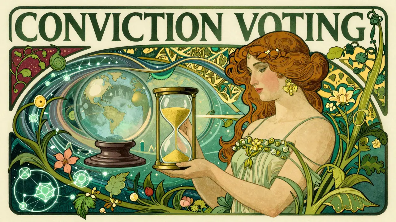 Ilustración Art Nouveau representando el voto por convicción y mercados de predicción con simbolismo temporal