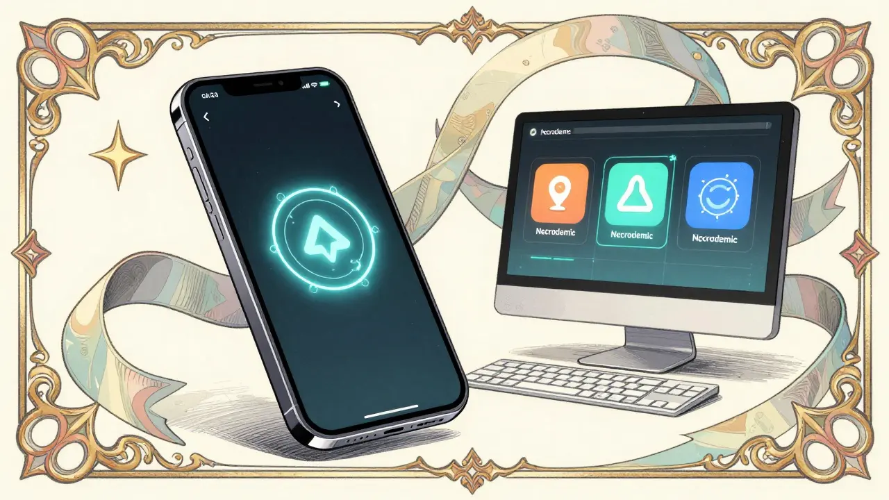Ilustración de dispositivos móviles y PC conectados en estilo Art Nouveau