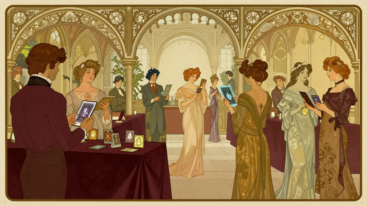 Mercado sofisticado de coleccionistas intercambiando tarjetas de héroes en estilo Art Nouveau.