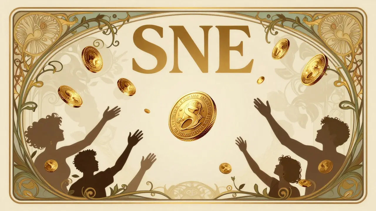 Monedas SNE flotando enmarcadas por motivos decorativos Art Nouveau dorados.