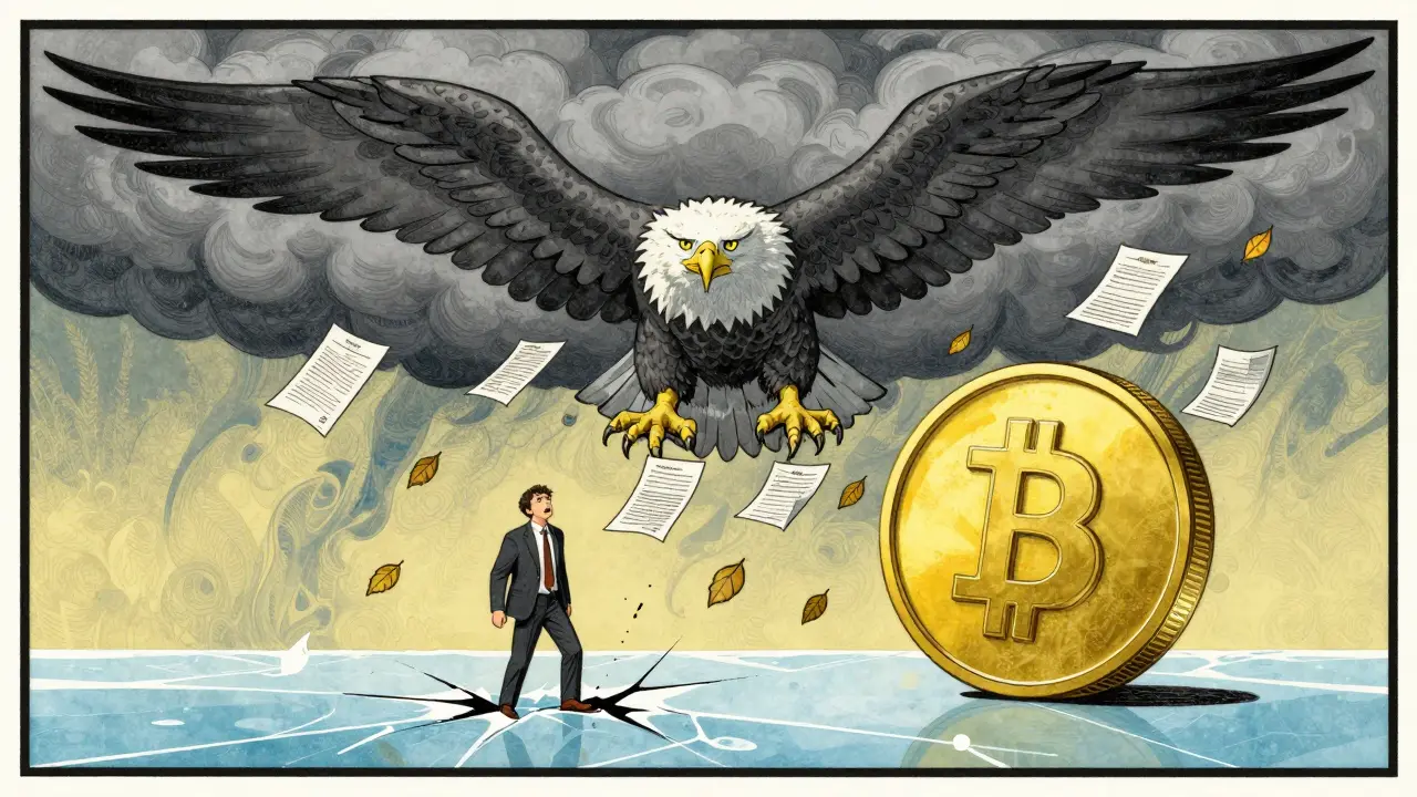 Nube regulatoria amenazante sobre un inversor en una ilustración estilo póster antiguo