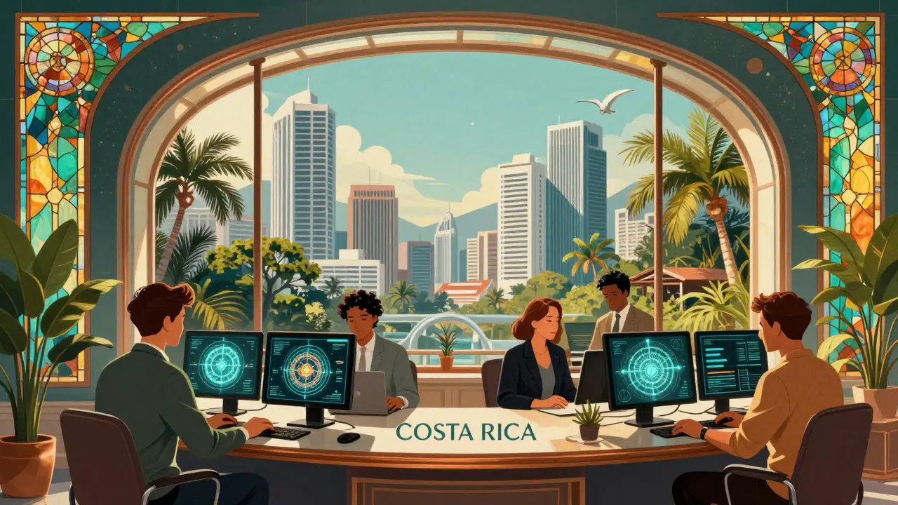 Oficina tecnológica elegante con vistas tropicales y patrones de blockchain