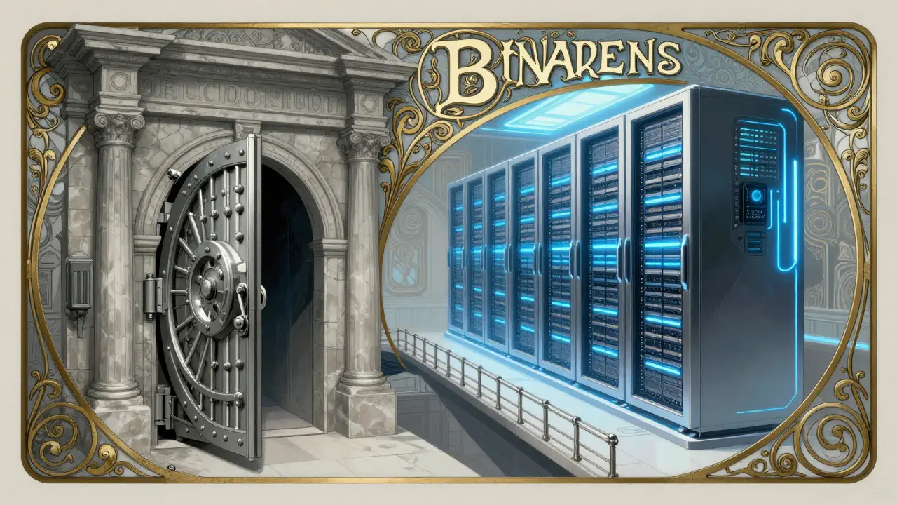 Puerta de banco antiguo conectada por luz a servidores futuristas, ilustración Art Nouveau