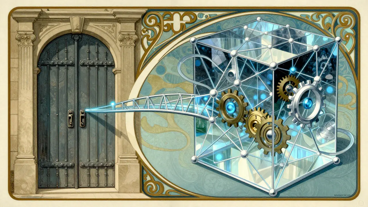 Puerta de hierro antigua frente a estructura moderna de blockchain transparente