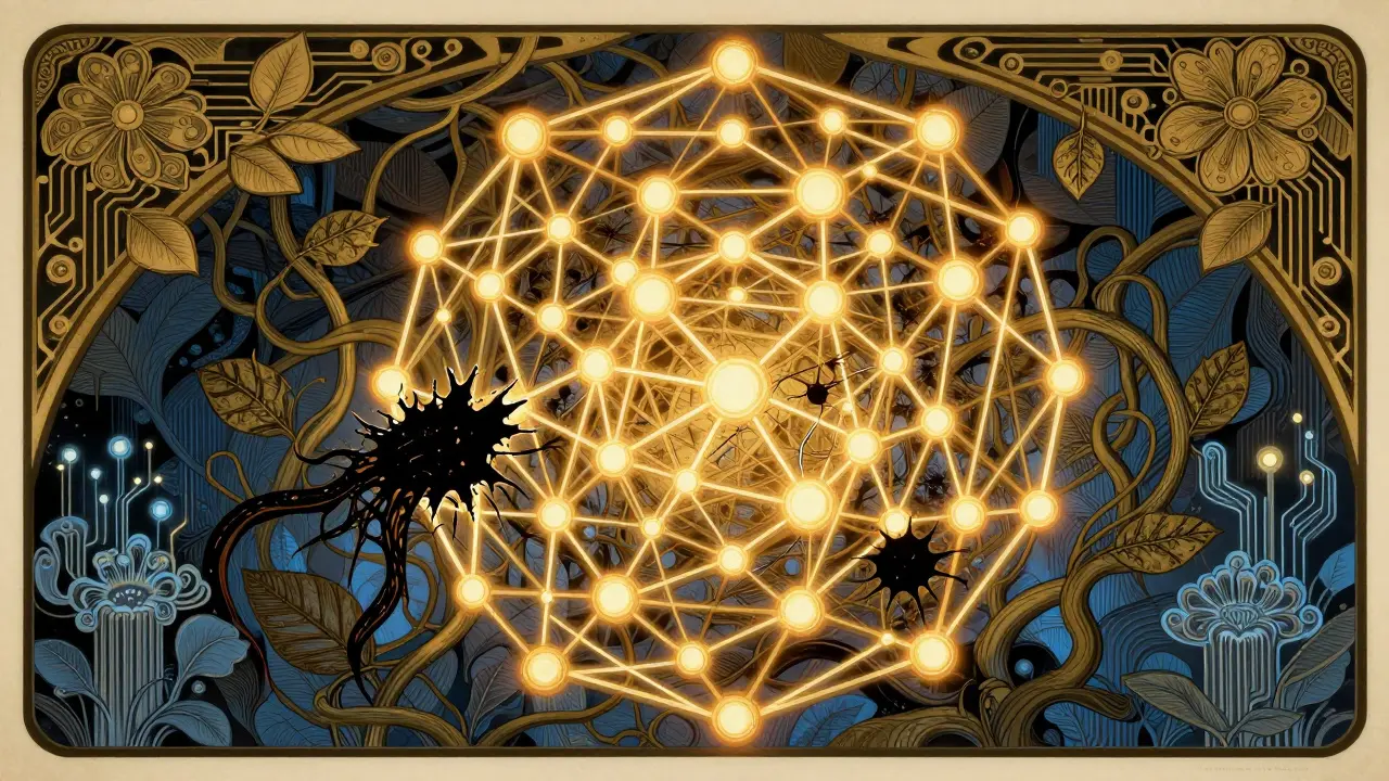 Red blockchain ilustrada en estilo Art Nouveau con nodos oscuros infiltrando la estructura segura.