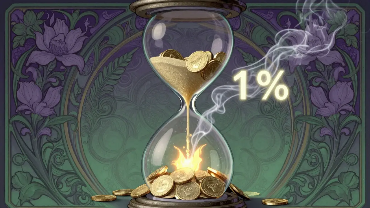 Representación simbólica de la quema y recompensa de tokens en estilo Art Nouveau.