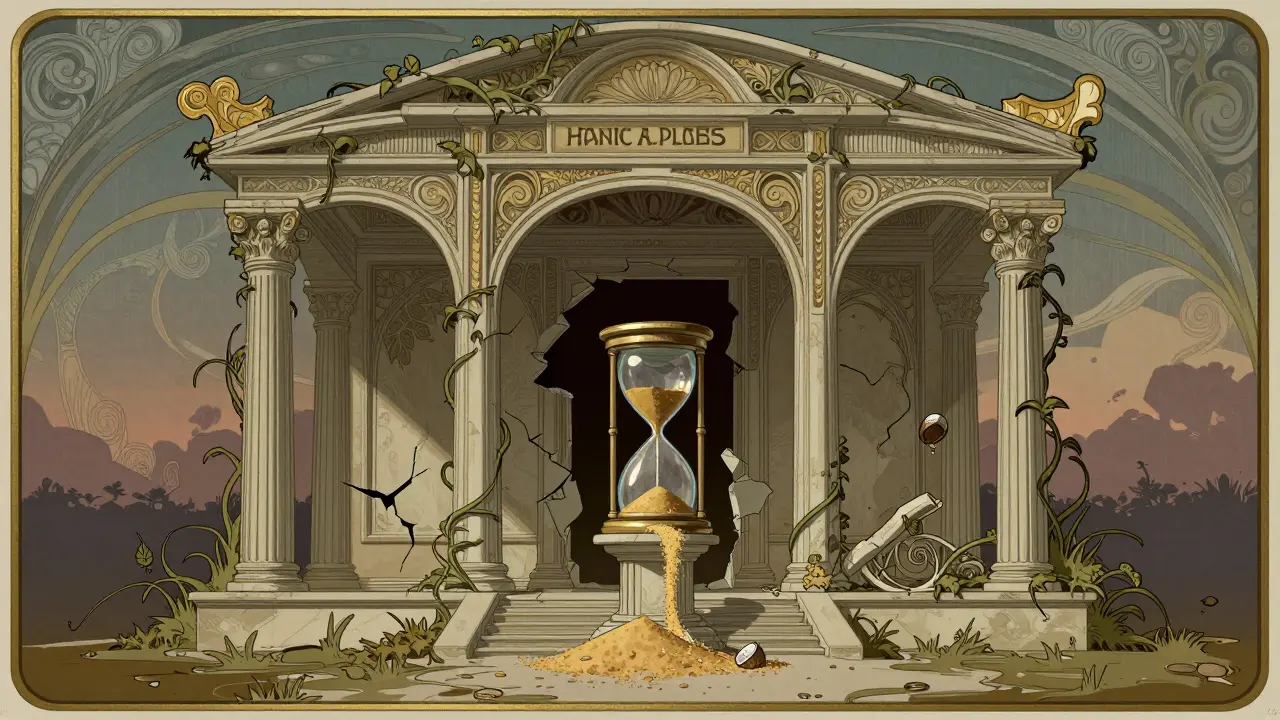 Templo en ruinas con reloj de arena roto simbolizando abandono