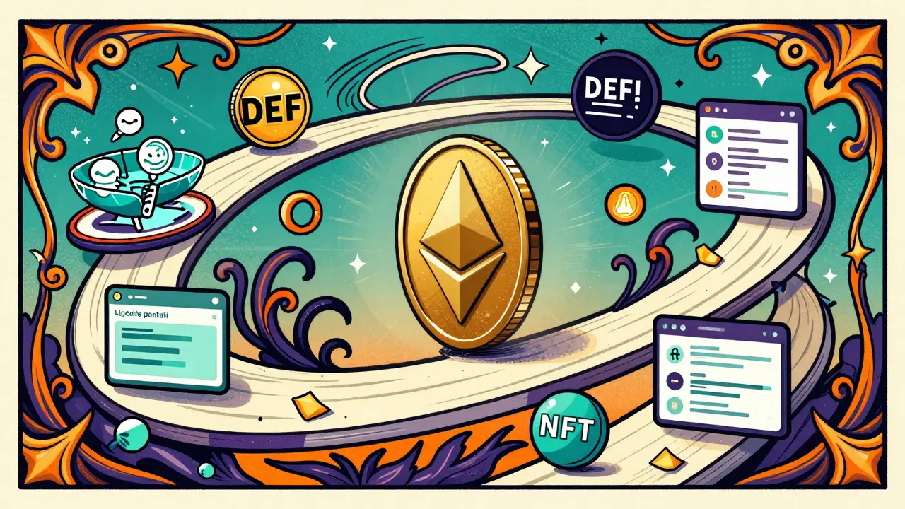 Token WETH fluyendo entre protocolos DeFi estilizados
