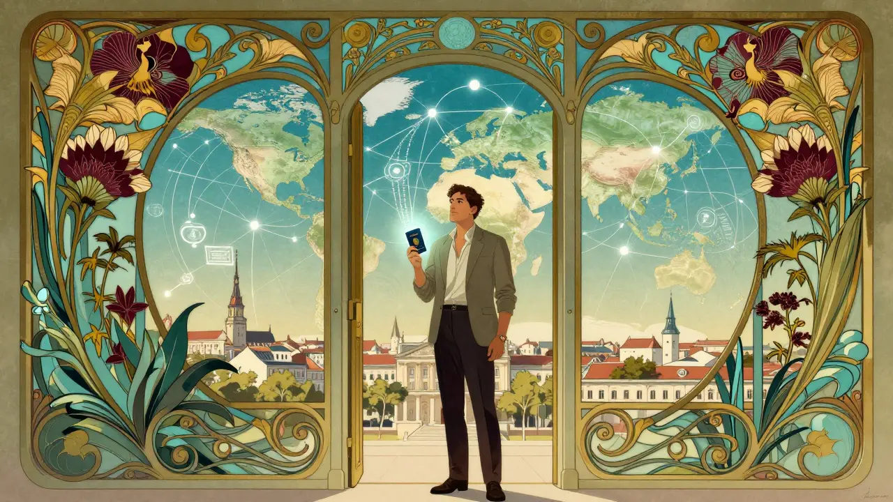 Viajero elegante en estilo Art Nouveau ante una puerta que conecta Europa con redes globales digitales.