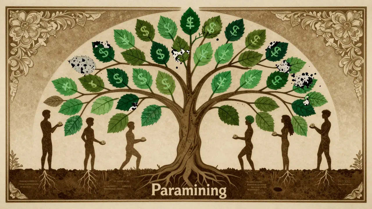 Árbol jerárquico de referidos con monedas y advertencias sutiles en estilo ilustrado