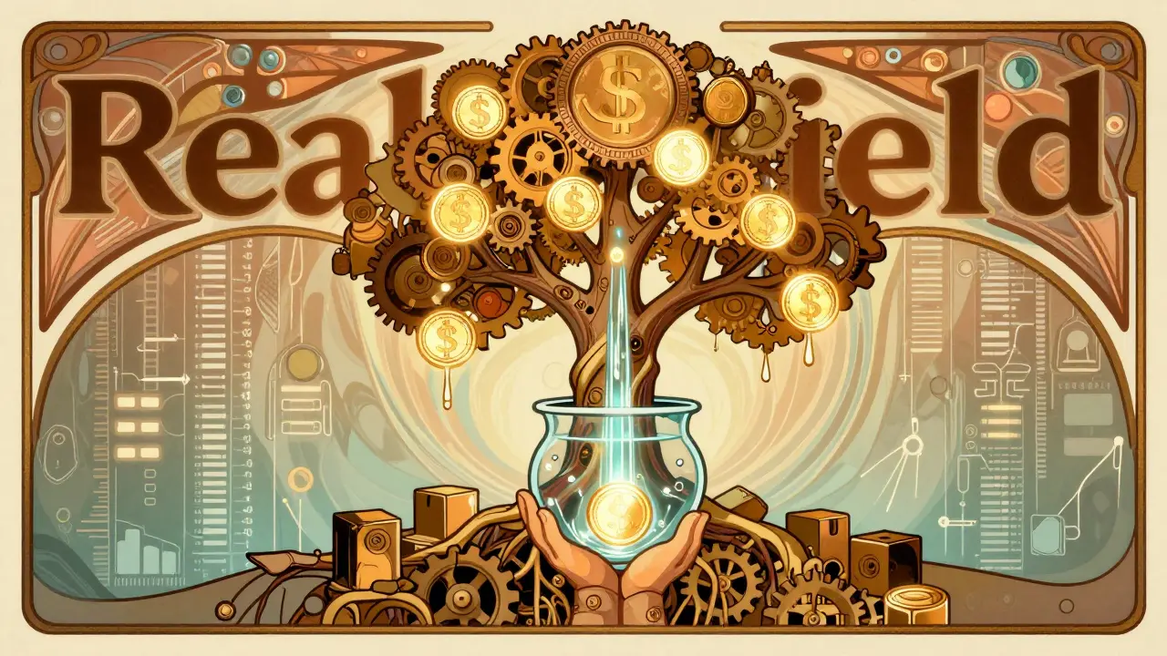 Árbol mecánico con monedas brillantes representando rendimiento real