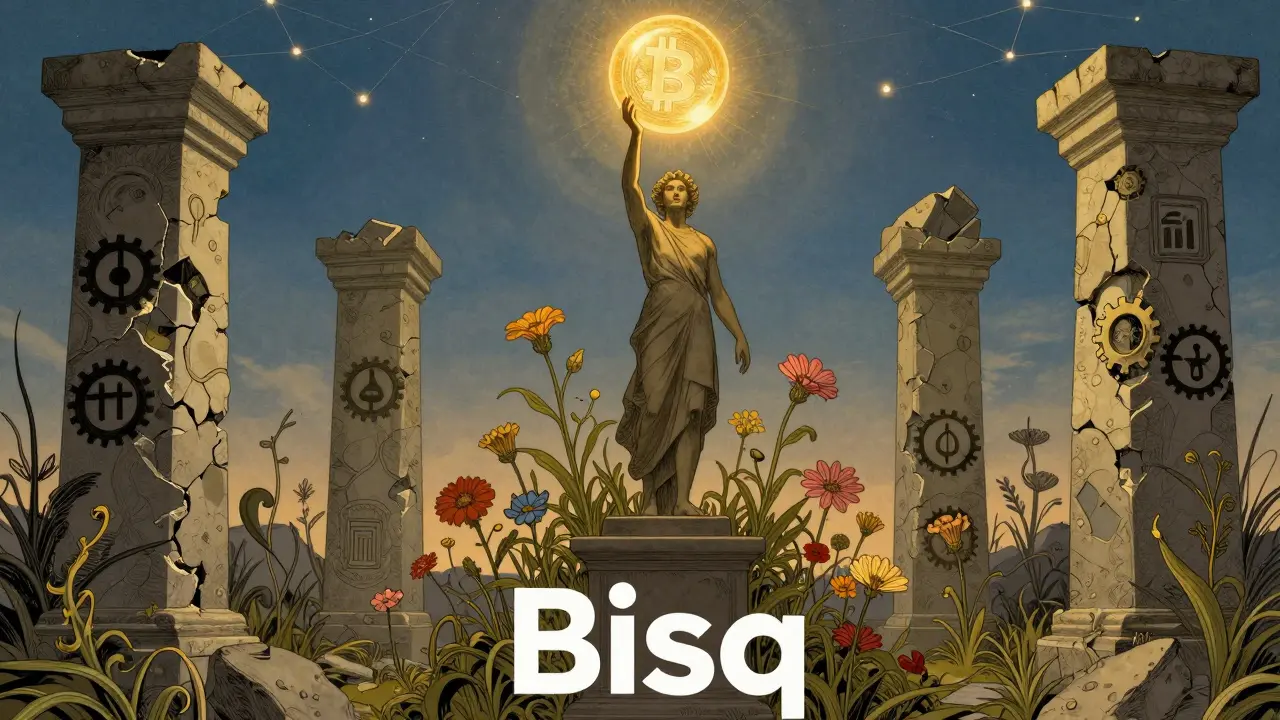 Arte Art Nouveau: figura con Bitcoin resistiendo contra pilares que se rompen
