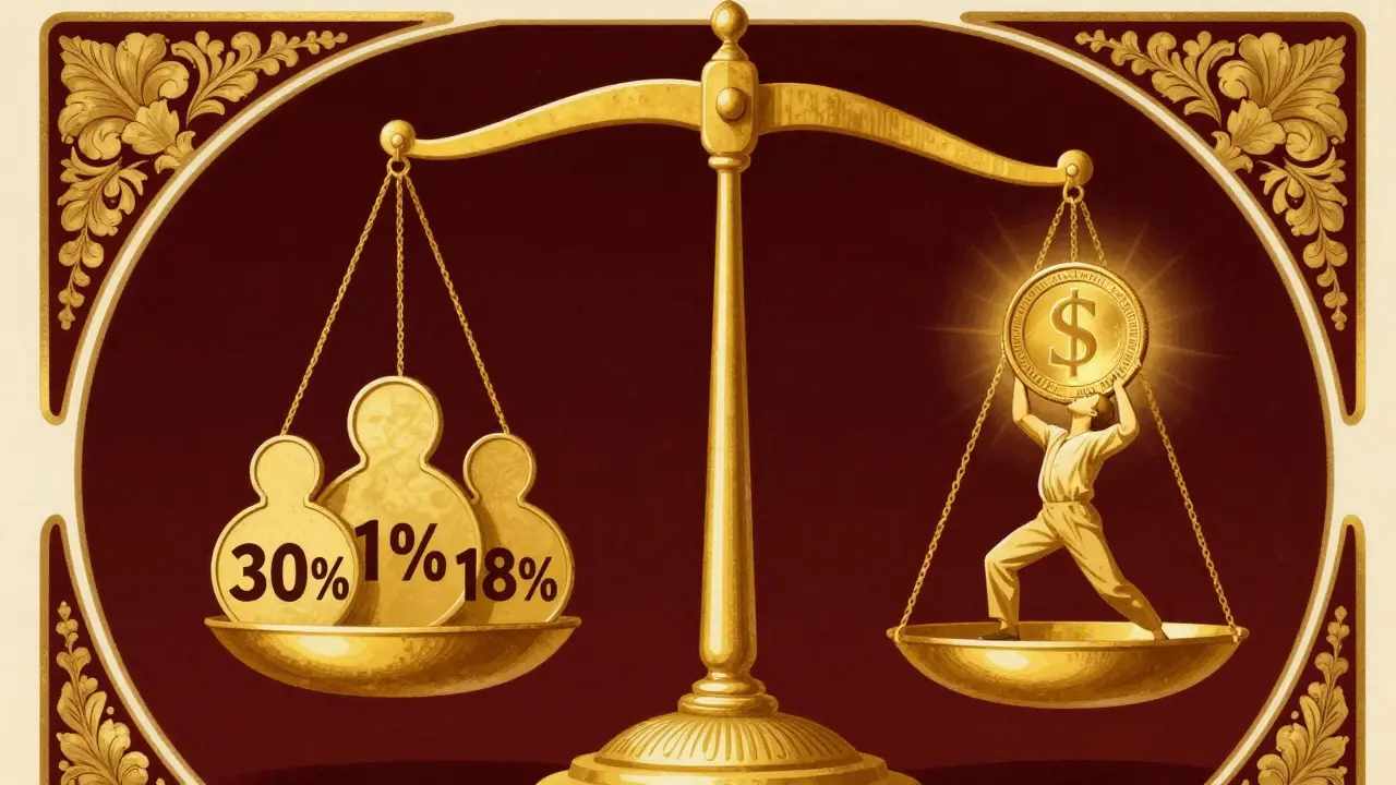 Balanza fiscal pesada sobre inversor cripto estilo Art Nouveau