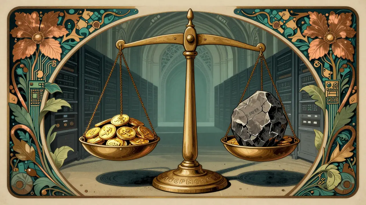 Balanza simbólica mostrando recompensas y riesgos de validación en estilo ilustrativo Art Nouveau.