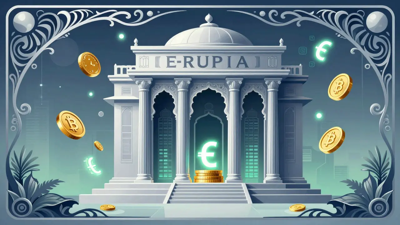 Banco futurista y e-Rupia en ilustración Art Nouveau