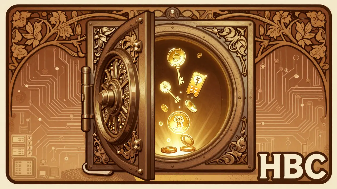 Cofre decorado estilo Art Nouveau con monedas brillantes flotando hacia arriba, simbolizando utilidad y seguridad.