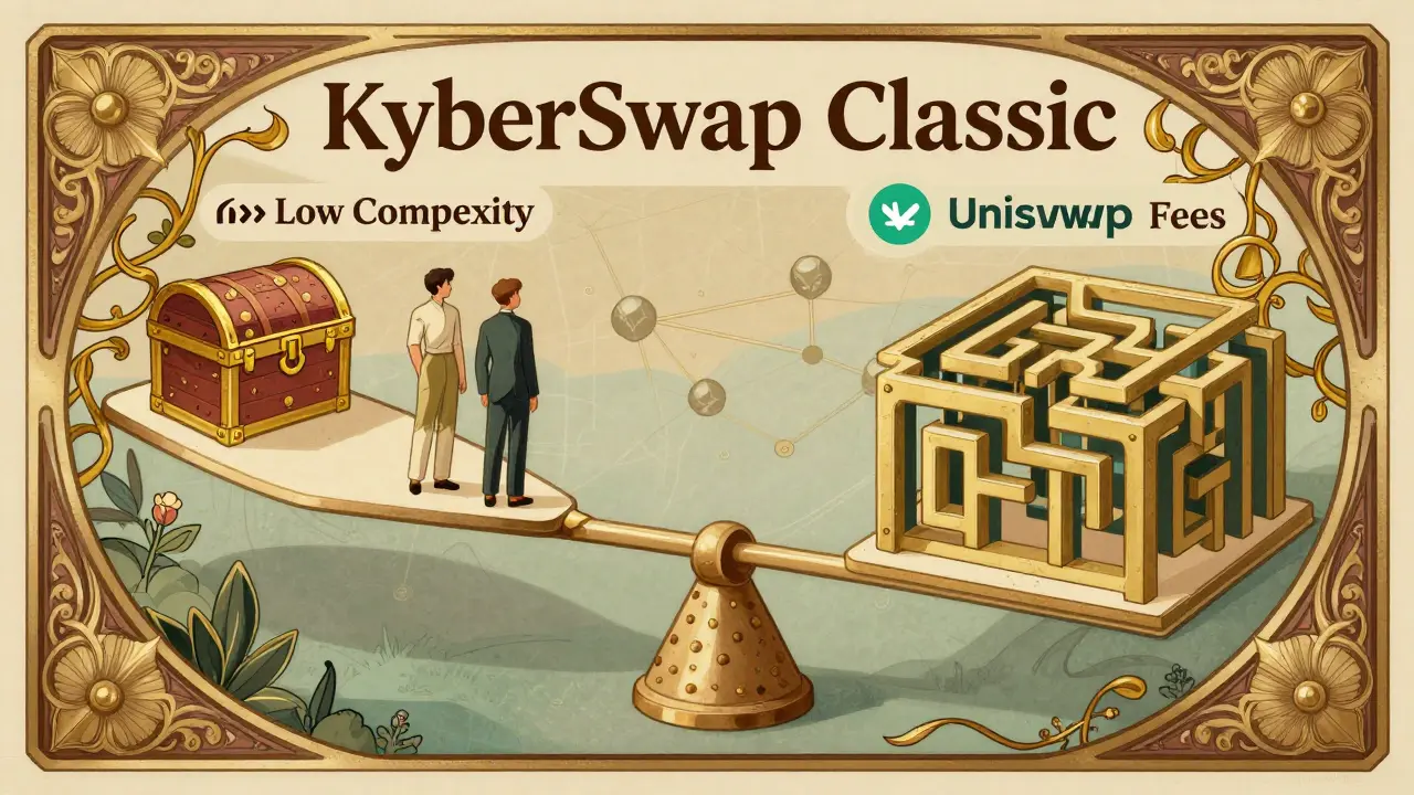 Comparación estilizada Art Nouveau entre KyberSwap y competidores en DeFi