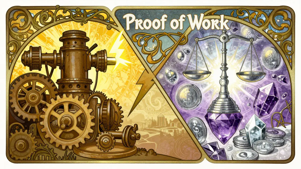 Contraste entre maquinaria física y símbolos económicos flotantes en estilo Art Nouveau