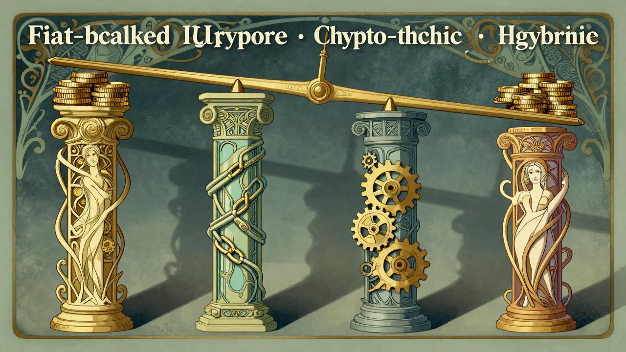 Cuatro pilares ornamentales representando tipos de stablecoins en estilo Art Nouveau