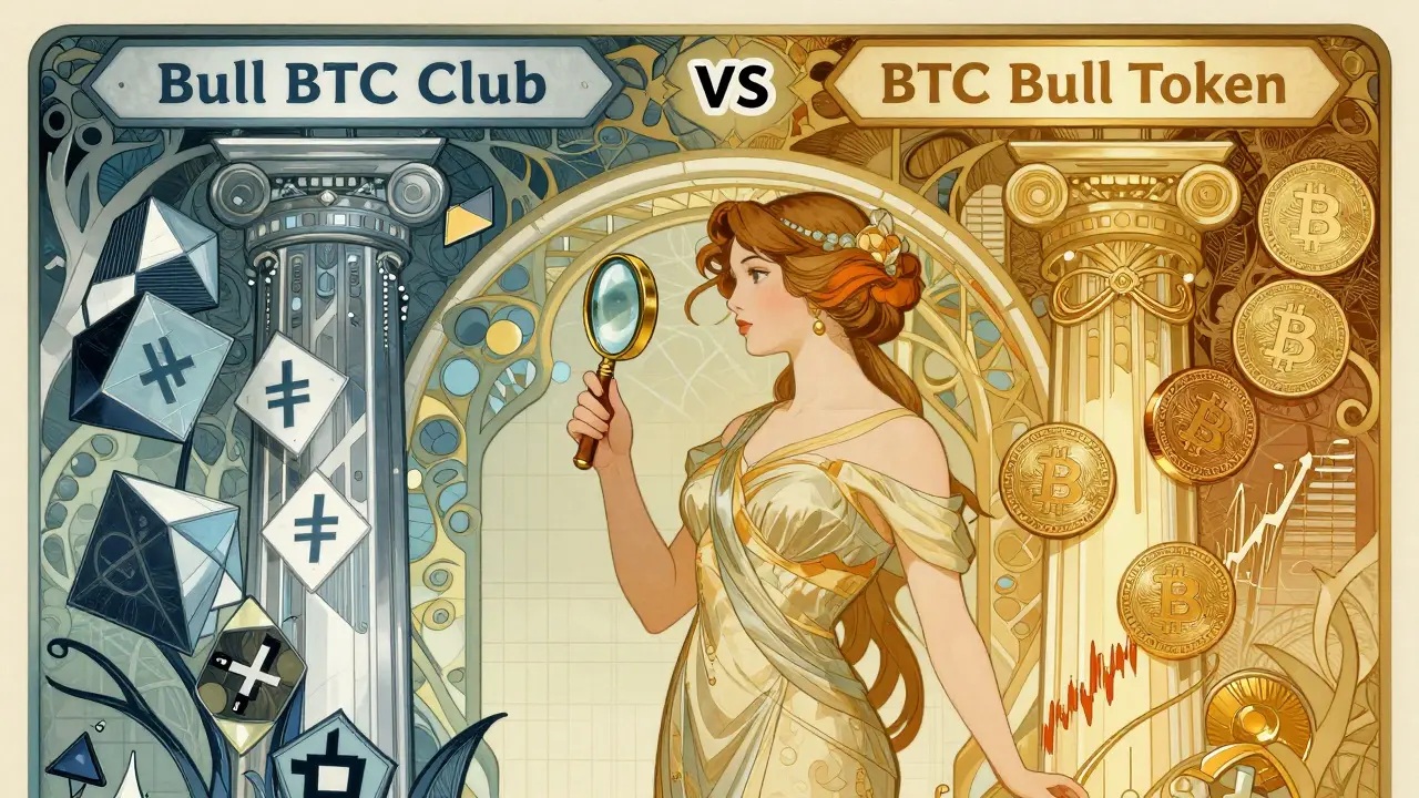 Dos pilares simbólicos comparando proyectos cripto bajo lupa, estilo Art Nouveau