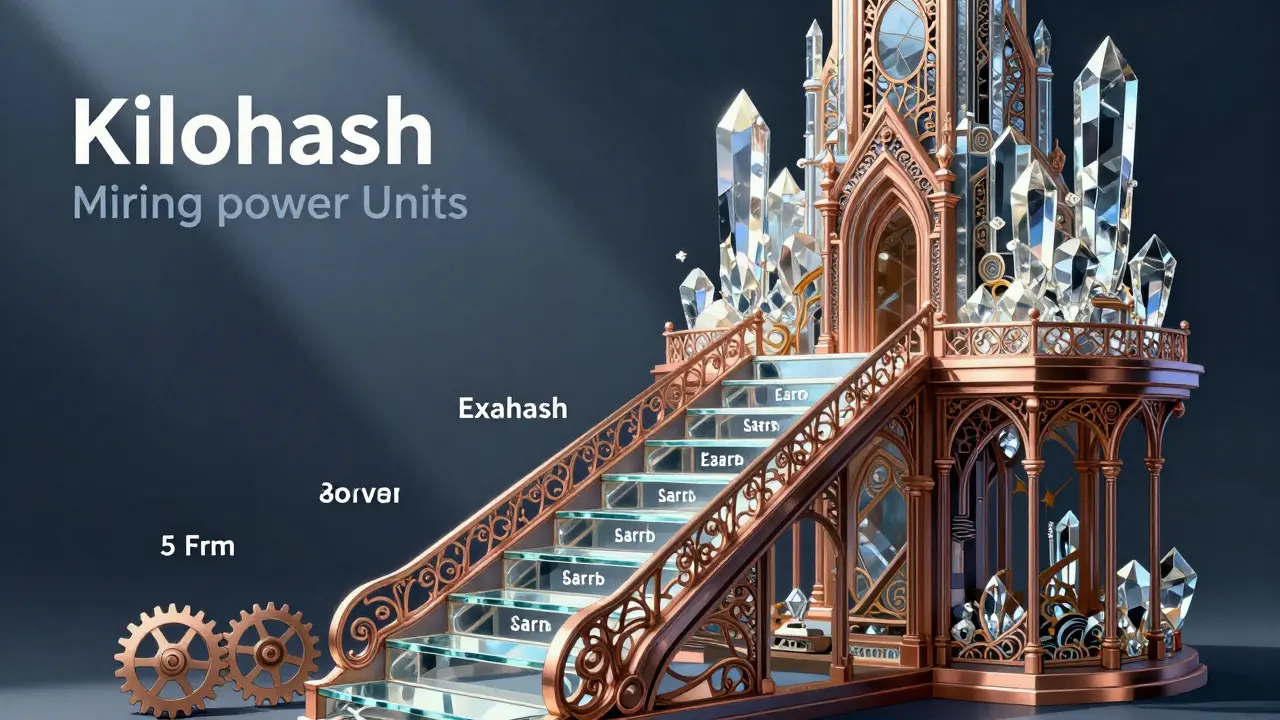 Escalera ornamental que muestra el crecimiento de la potencia de minería hasta Exahash