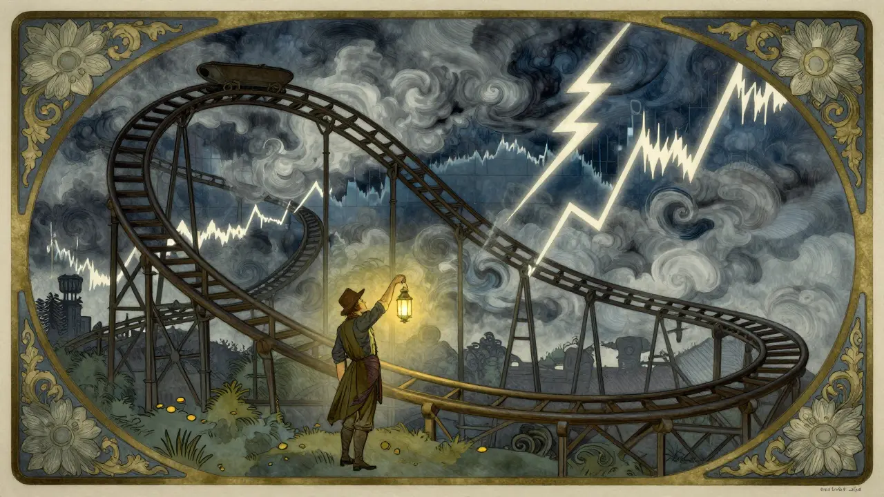 Escena Art Nouveau de volatilidad cripto: una montaña rusa metálica en un cielo tormentoso con gráficos de precios.