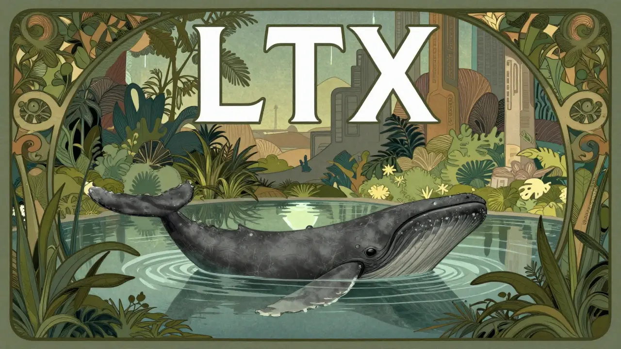Estanque tranquilo con aleta de ballena representando baja liquidez y riesgos de LTX