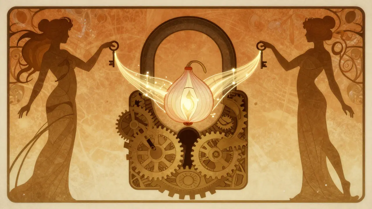 Estilo Art Nouveau: dos figuras comparten llaves en un candado simbólico P2P