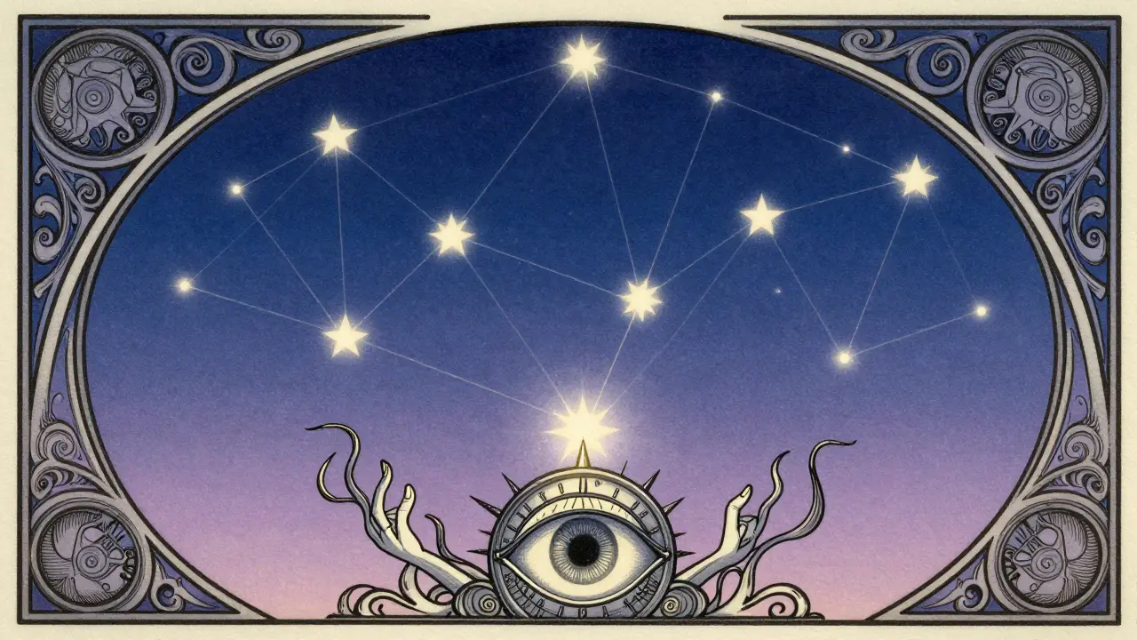 Estilo Art Nouveau mostrando la conexión inicial de nodos en una constelación estelar