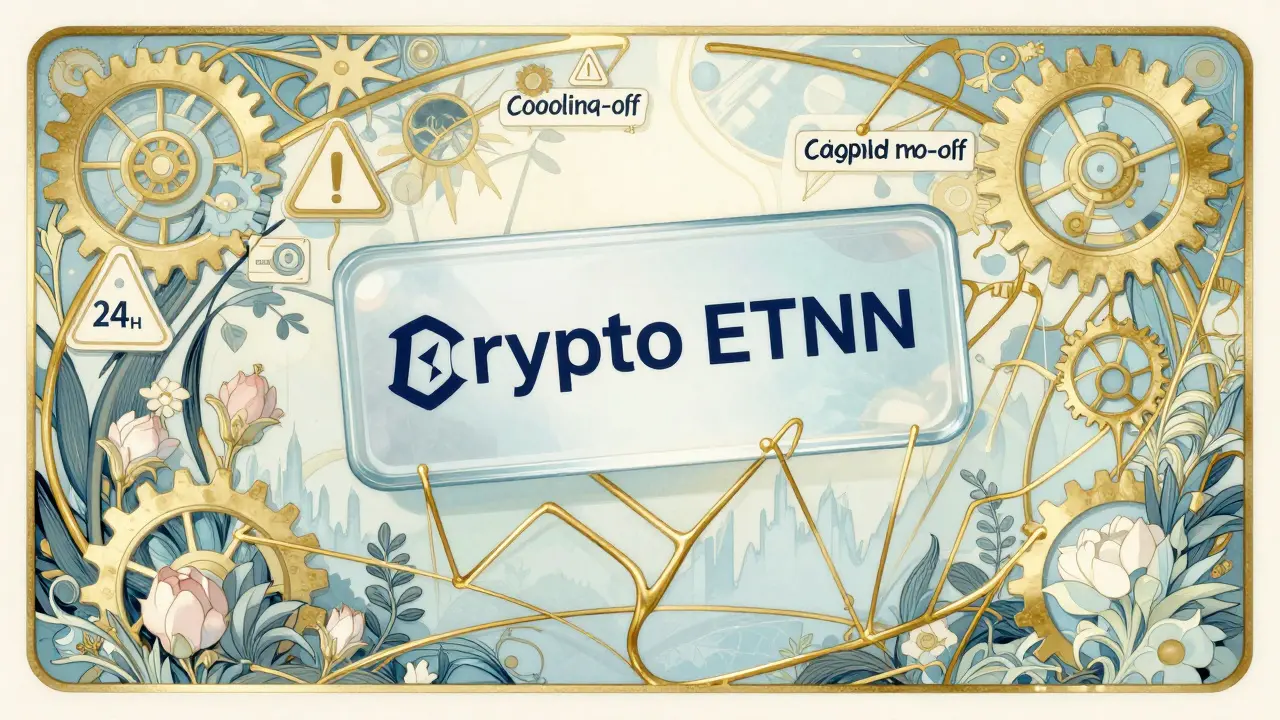 ETN de cripto flotante rodeada de elementos regulatorios ornamentales