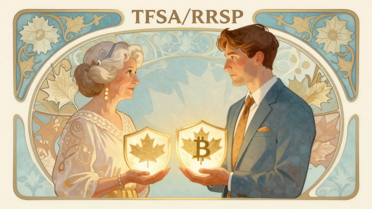 Familia protegiendo inversiones cripto en cuentas de jubilación canadienses estilo Art Nouveau