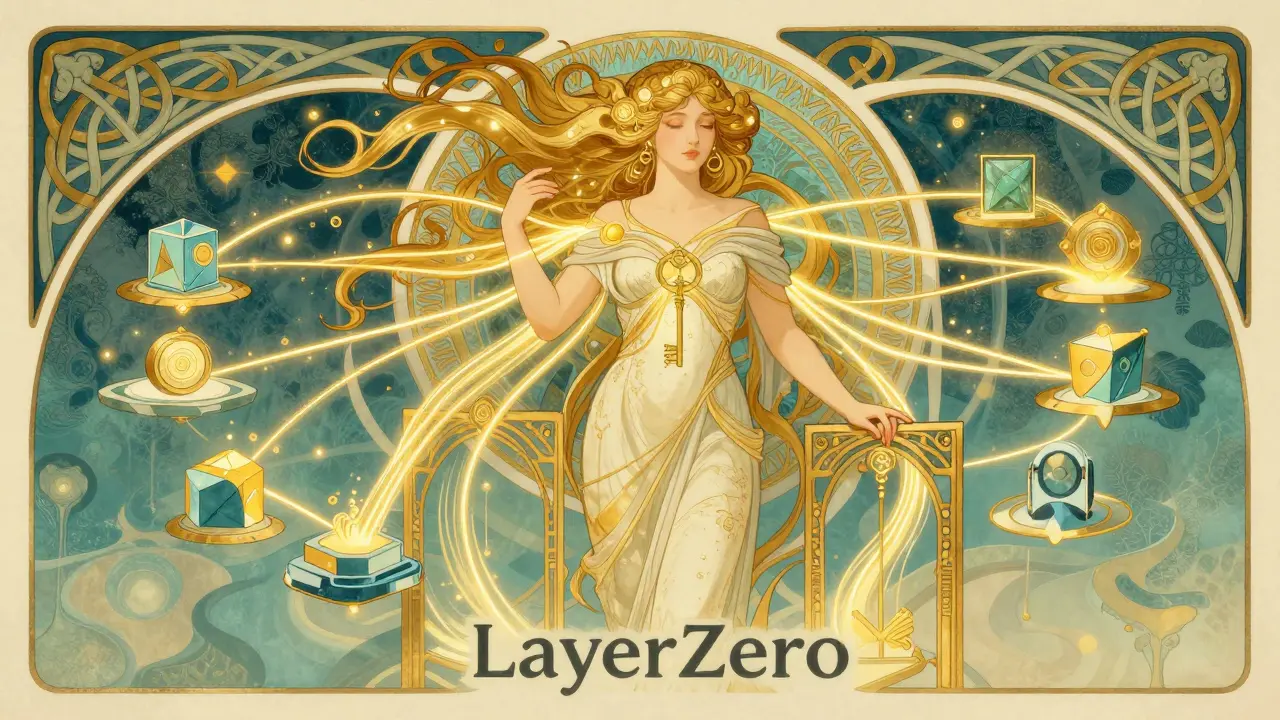 Figura elegante conectando cadenas de bloques mediante flujos dorados de datos en estilo Art Nouveau