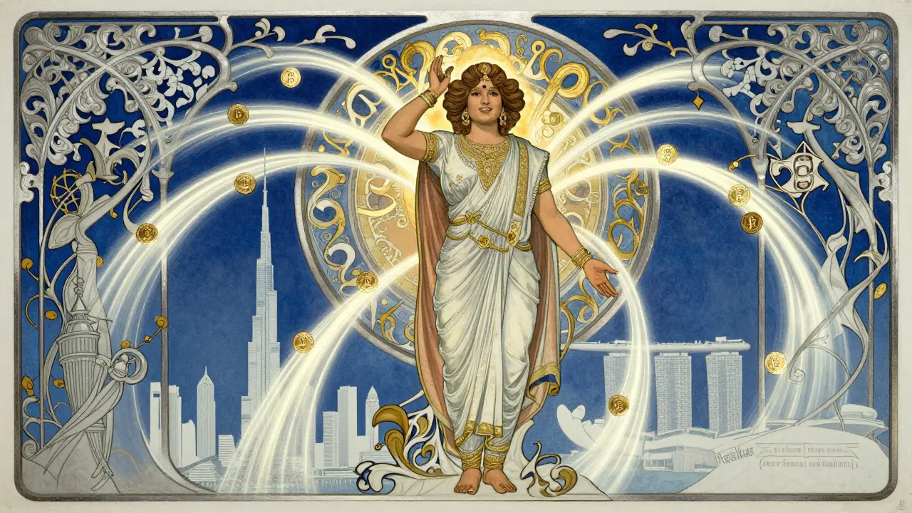 Flujo global de remesas cripto en estilo Art Nouveau