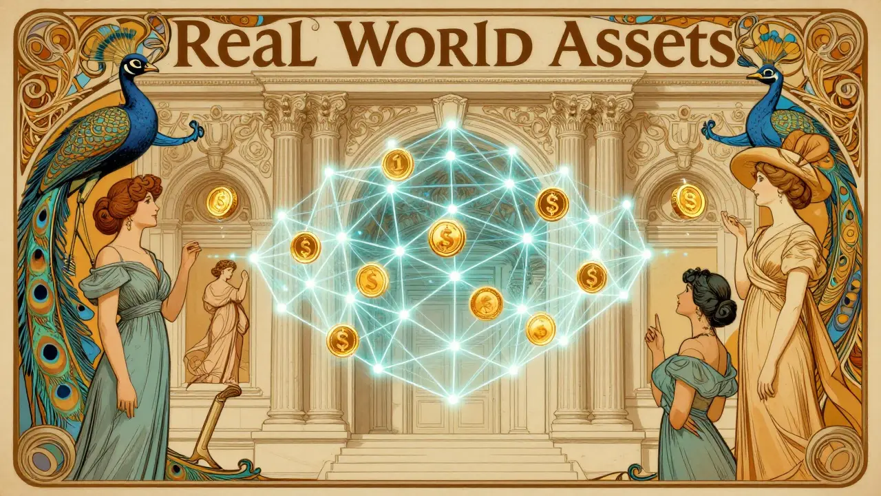 Fusión de arquitectura clásica y red blockchain simbolizando activos del mundo real