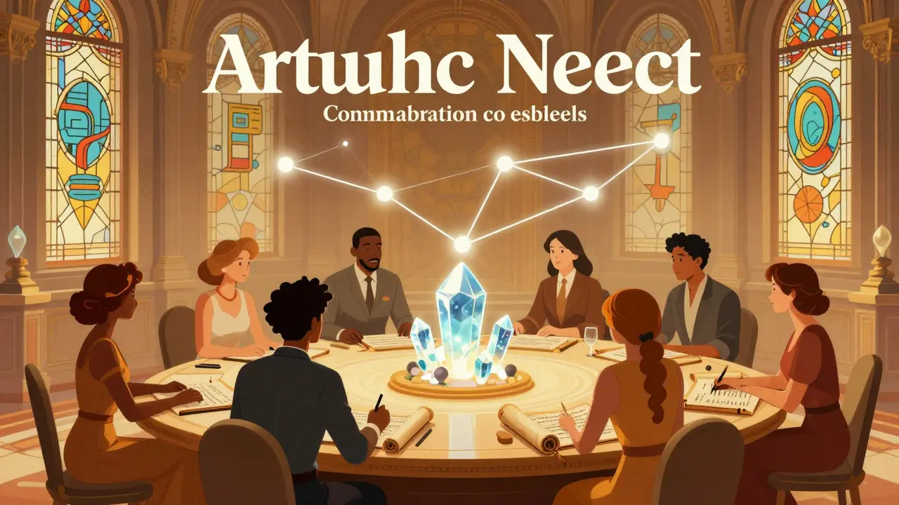 Grupo colaborativo alrededor de una mesa con hilos luminosos