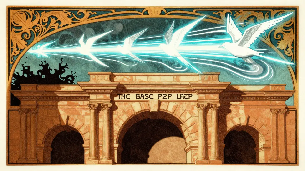 Ilustración Art Nouveau: base sólida y flujo rápido simbolizando capas de Bitcoin