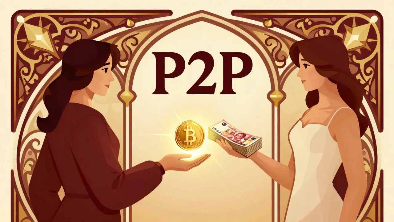 Intercambio P2P estilizado con monedas digitales y rublos