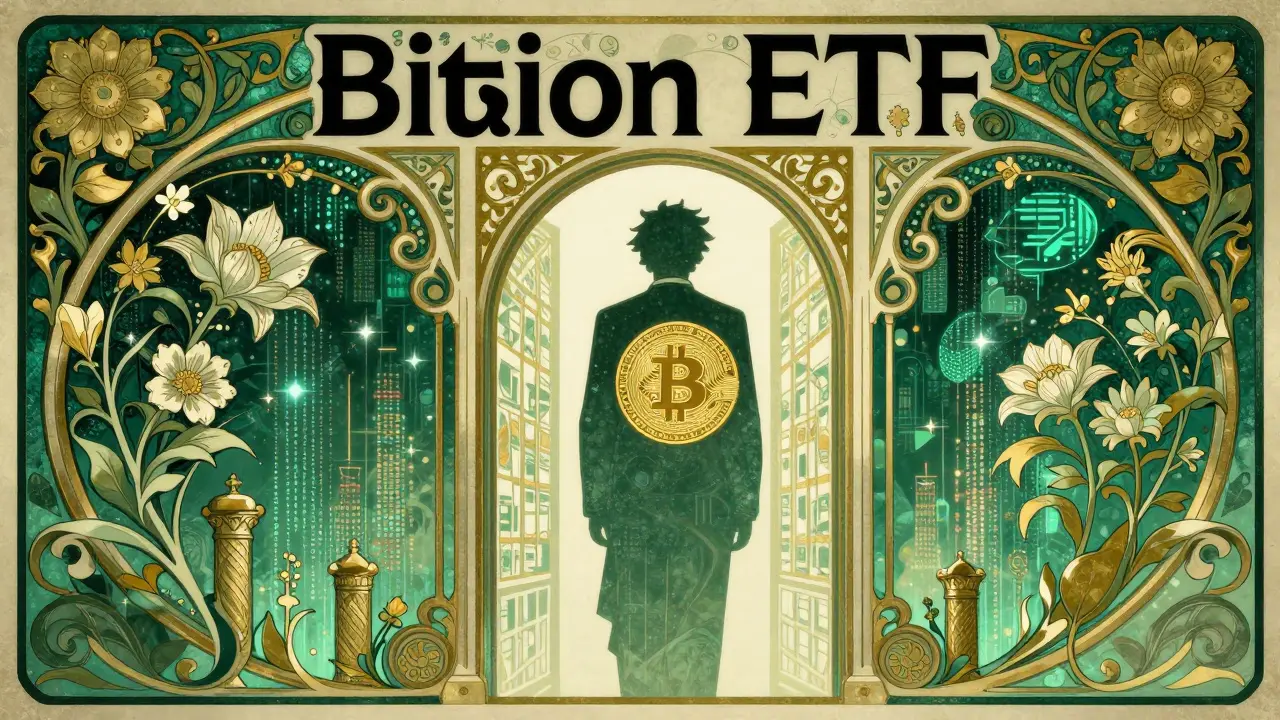 Lanzamiento del Purpose Bitcoin ETF con motivos florales y digitales en estilo Art Nouveau